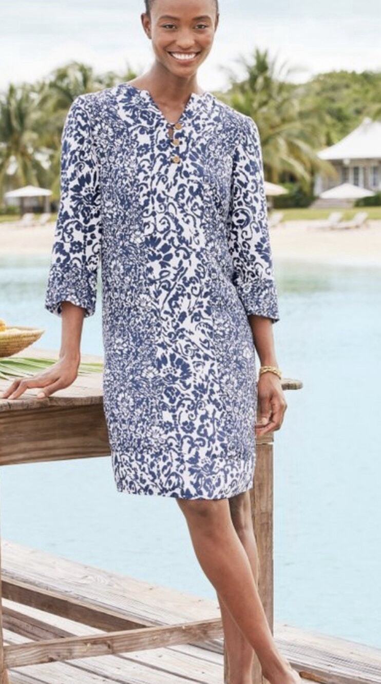 Soft Surroundings Women’s Blue Floral Summer Resort Rayon Shift Dress Sz Large
